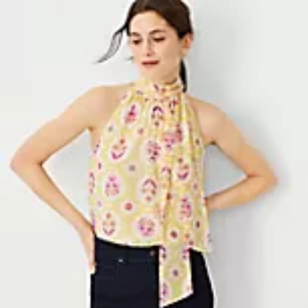 Ann Taylor Bow Tie‎ Shimmer Halter Top Purple, Yellow, White Sz L- NWT